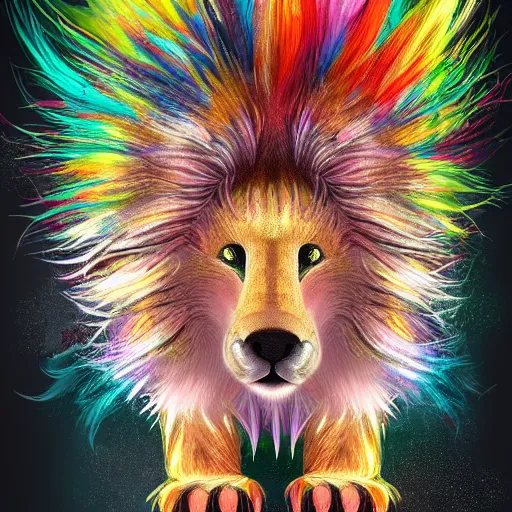 Prompt: cute fluffy baby hedgehog with long colorful flowing lion mane with mohawk hairstyle hybrid animal detailed painting 4 k