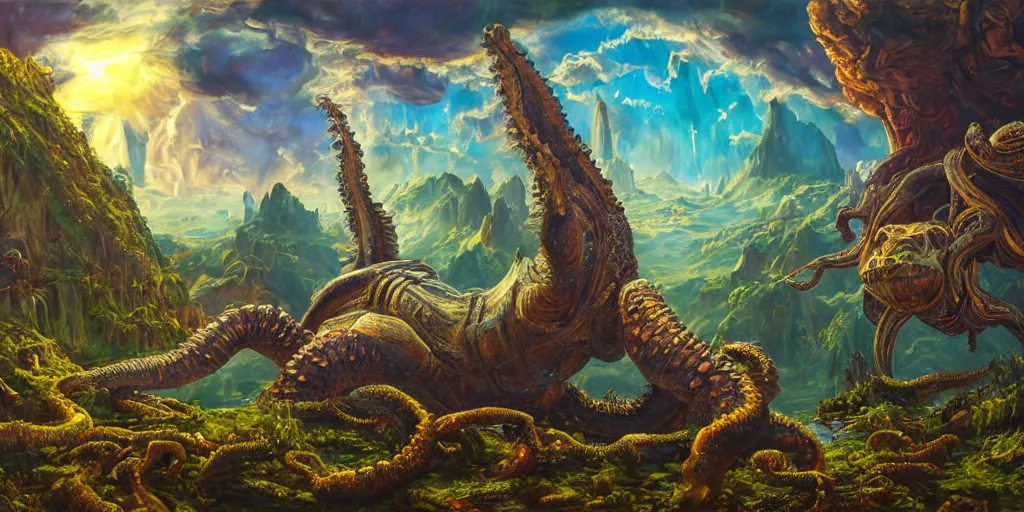 Image similar to fantasy oil painting, great leviathan, cybernetic turtle cephalopod terrapin reptilian pachyderm squid, bella hadid, hybrid, milla jovovich, anubis, epic natural light, lush plants flowers, spectacular mountains, bright clouds, luminous sky, outer worlds, golden hour, michael cheval, edward hopper, michael whelan, vray, hd