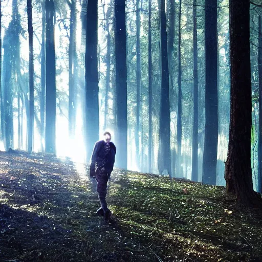 Image similar to thom yorke singer songwriter walking in a forest in a spacesuit, filling up with water, waterline refractions, anamorphic lens flare, beautiful blueish eyes, eyes reflecting into eyes reflecting into infinity, spherical tiny round eye pupils, eyes reflecting into eyes reflecting into infinity, dramatic lighting