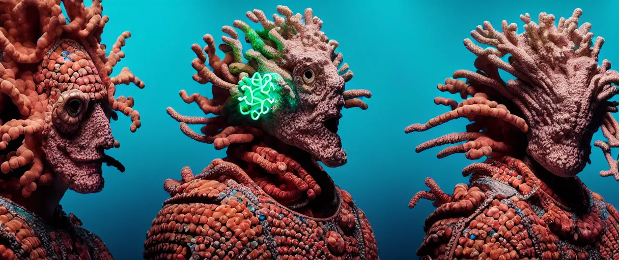 Image similar to hyperrealist highly detailed english medieval portrait of high fashion monster wearing reef armor, radiating atomic neon corals, concept art pascal blanche dramatic studio lighting 8k wide angle shallow depth of field