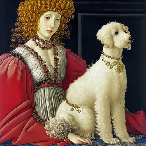 Image similar to portrait of a white poodle with curly white fur and curly white hair as an italian queen, painting by botticelli, 1 4 8 0 s