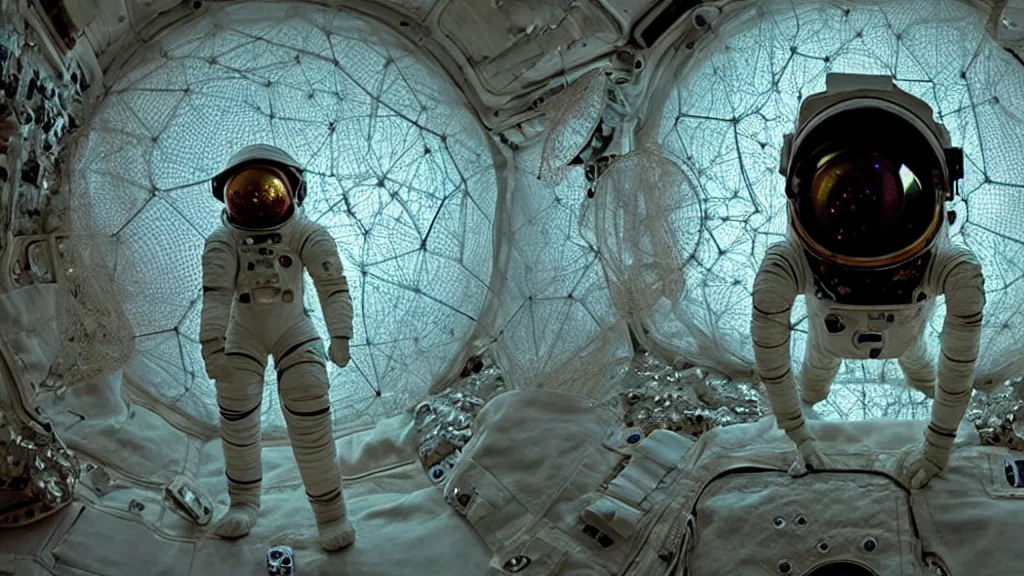 Image similar to a astronaut eva suit covered in diamond 3d fractal lace iridescent bubble 3d skin and covered with insectoid compound eye camera lenses floats through the living room, film still from the movie directed by Denis Villeneuve with art direction by Salvador Dalí, wide lens,