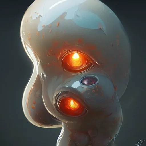 Image similar to transparent goo with a mouth and eyes, it have round burning bomb inside, highly detailed, digital painting, artstation, concept art, matte, sharp focus, illustration, art by Artgerm and Greg Rutkowski and Alphonse Mucha