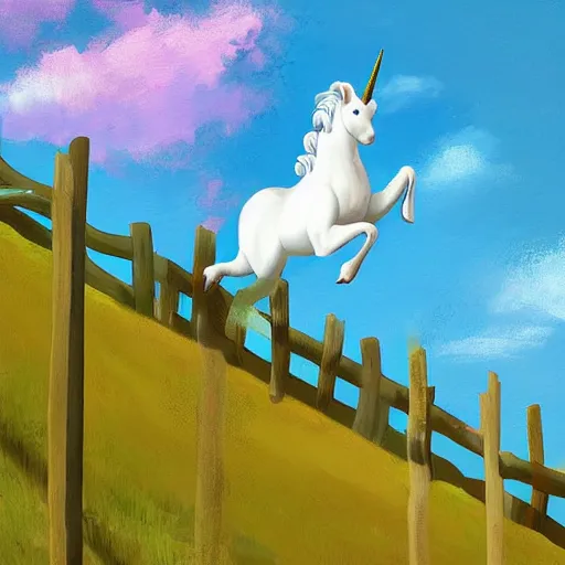 Prompt: an overweight unicorn pegasis flying over a fence, digital painting