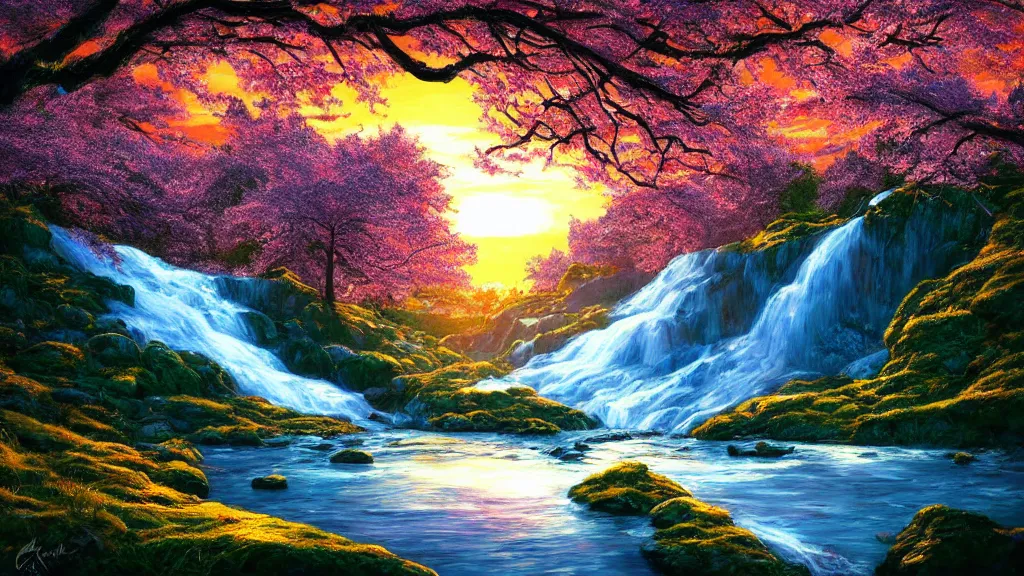 Image similar to featured on artstation cherry tree overlooking valley waterfall sunset beautiful image stylized digital art