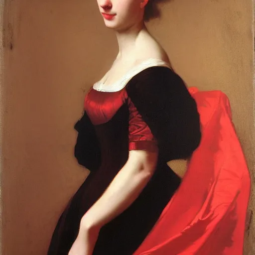 Image similar to sublime portrait of a woman in a red satin dress, very pale, graceful, Vermeer, Bouguereau, Van Dyck, Ingres, Rubens, Carolus-Duran, strong dramatic cinematic lighting, 17th-century, extremely detailed, dark background