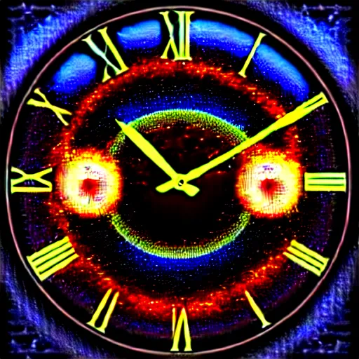 Image similar to sci-fi illustration, an extreme detailed painting with detailed textures of a clock made out of quantum fire dreamscape seen in a vision, disturbing cybergothic high image quality