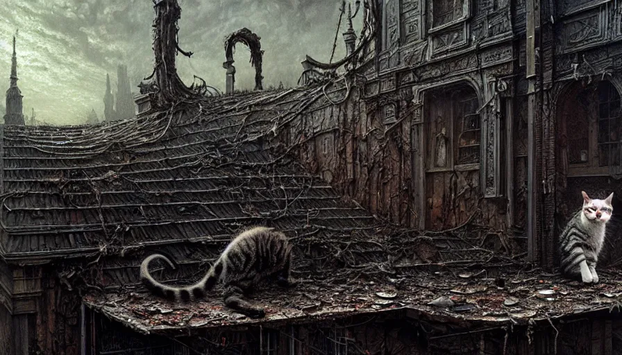 Image similar to cat walking on the roof, rotting, blood, night, death, fear, horror, religion, hyperrealism, detailed and intricate environment, by giger, by greg rutkowski