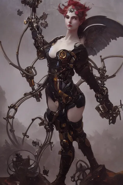 Image similar to Beautiful pale warhammer 40000 goth girl with mechanical wings and many wires, masterpiece 4k digital illustration by Ruan Jia and Mandy Jurgens and Artgerm and william-adolphe bouguereau, highly detailed, trending on artstation, award winning,