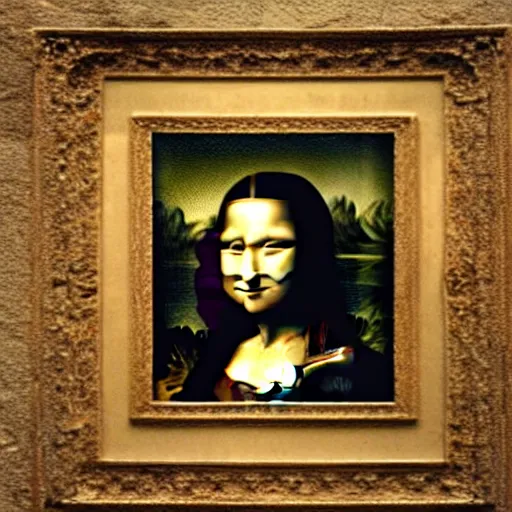 Image similar to photograph of a cave wall, that has the ( ( mona lisa ) ) painted onto it