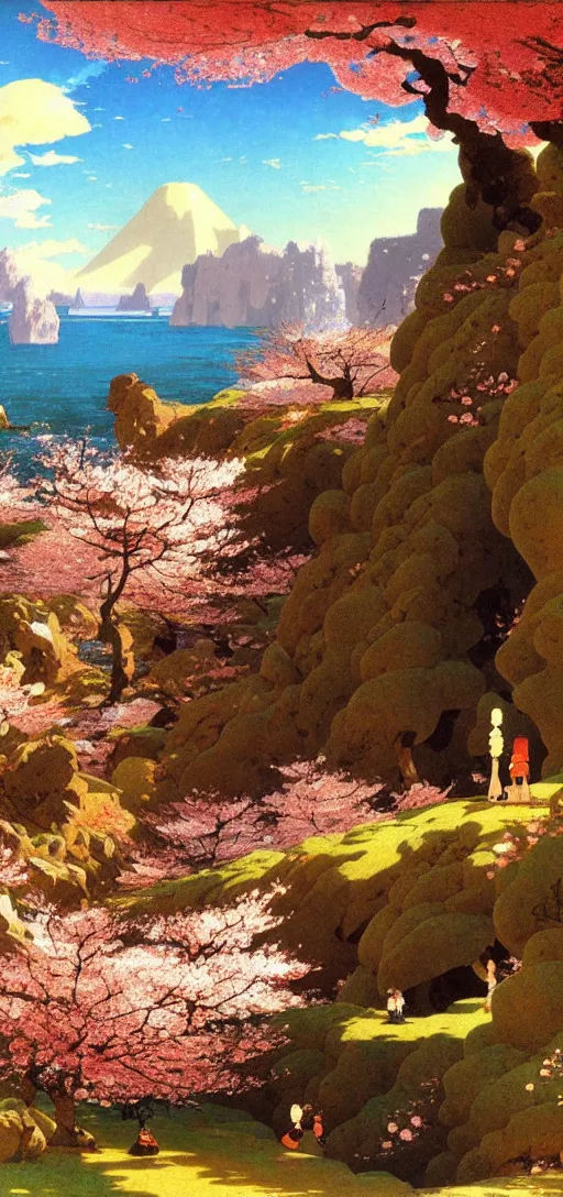 Image similar to ghibli illustrated background of a strikingly beautiful landform with strange rock formations and red water and cherry blossoms by vasily polenov, eugene von guerard, ivan shishkin, albert edelfelt, john singer sargent, albert bierstadt 4 k