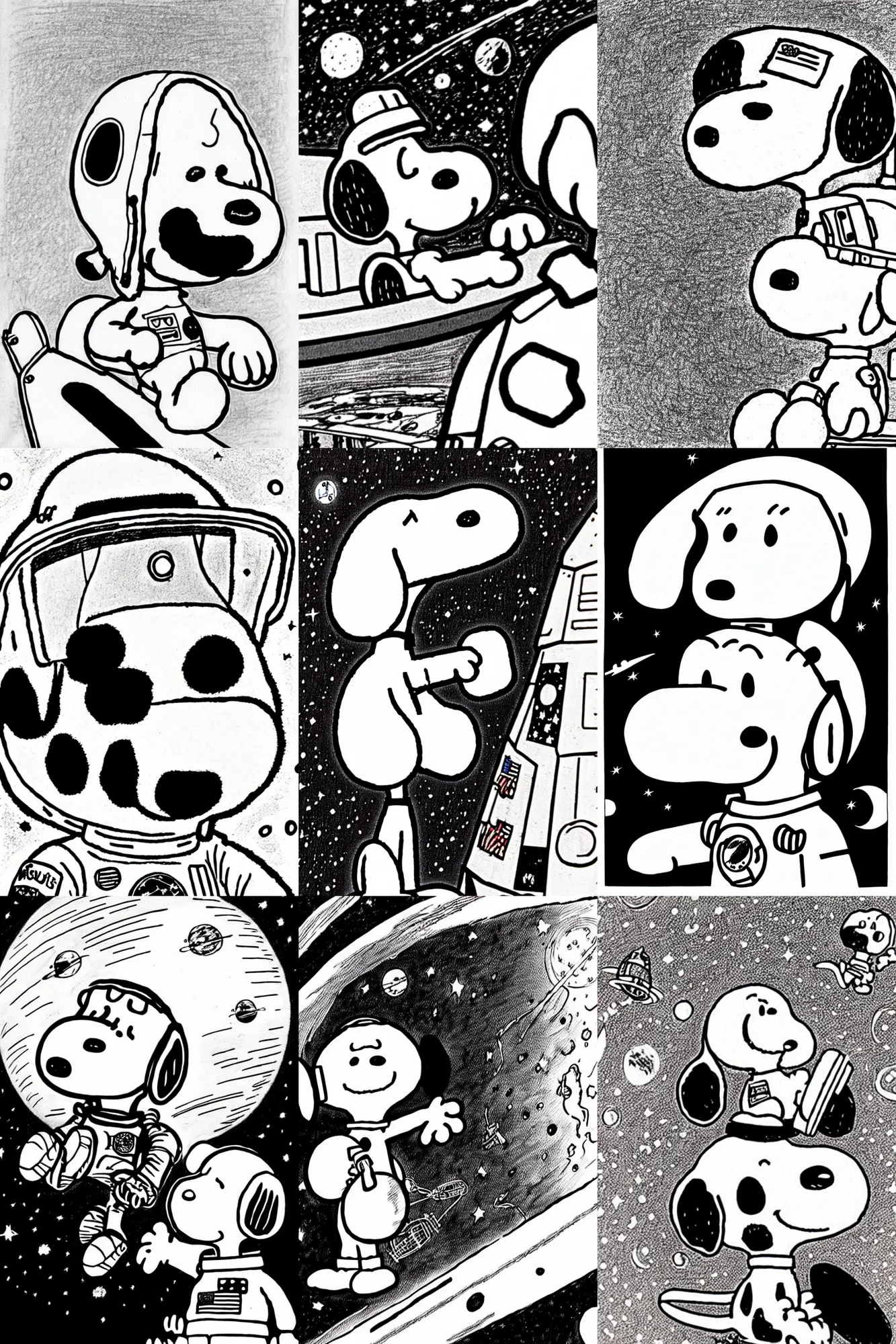 Prompt: close up of snoopy in a space suit wearing an astronaut helmet, black and white, line drawing by jean giraud