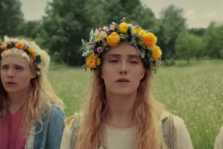 Image similar to vhs 1 9 8 0 s cinema footage of a woman wearing a giant flower crown surrounding around her head, scene from the movie midsommar, directed by ari aster, vintage film grain