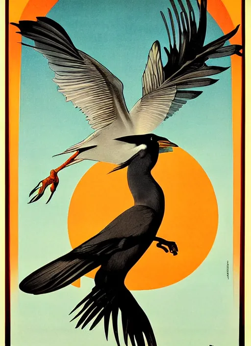 Image similar to a vintage art deco vacation poster for lake merritt in oakland depicting charles manson as a black crowned night heron with a smoky dark orange sky, by ernst haeckel, by alphonse mucha