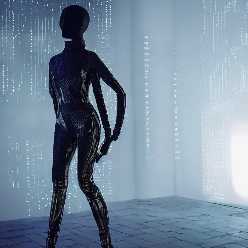 Image similar to a intricate, beautiful mannequin designed by hans boodt, ash thorp, wearing a futuristic cyberpunk garment, puffy jacket, shiny trousers, cinematic lighting, fashion photography