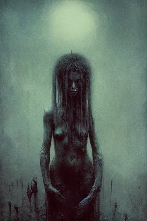 Image similar to queen of darkness painting in the style of beksinski, violent, high delicate defined details, beautiful, atmospheric, rain, matte, 3 d 8 k octane rendered, sharp focus, illustration, high detail, ultra realistic