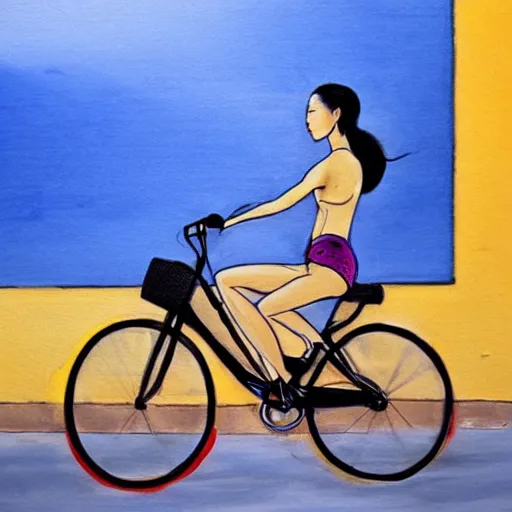 Prompt: a beautiful painting of a beautiful Asian girl riding a blue bycicle