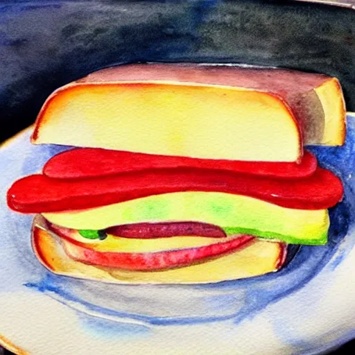 Image similar to bologna sandwich, plate, apple, watercolor, masterpiece