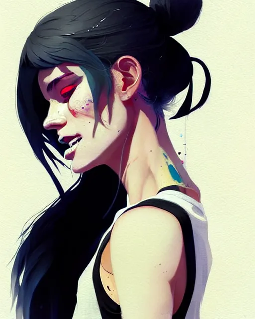 Prompt: a ultradetailed beautiful painting of a stylish woman, she is wearing a black tank top and jeans, she has white hair in a pony tail, by conrad roset, greg rutkowski and makoto shinkai trending on artstation