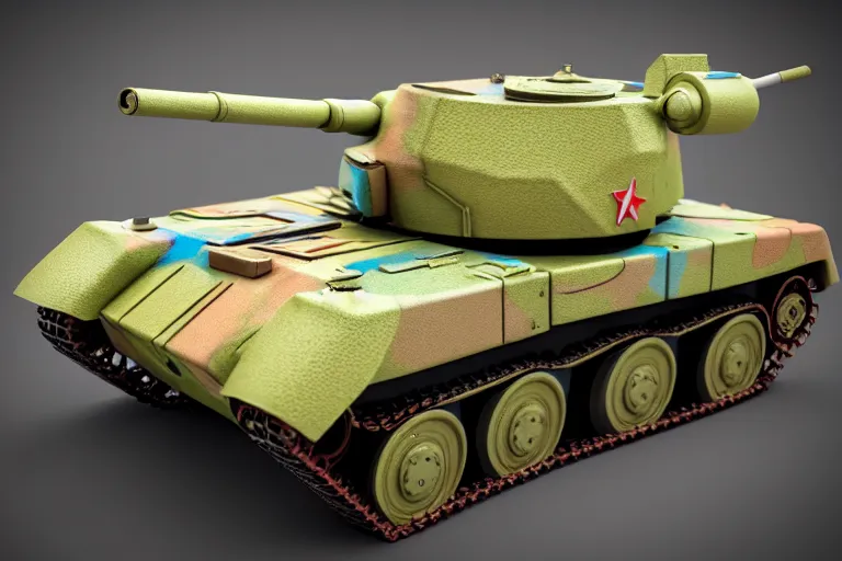 Prompt: product photo of life sized toy military tank made by fisher price, colorful plastic, high quality, intricate detail, realistic textures, octane render, unreal engine 5, hyperrealism