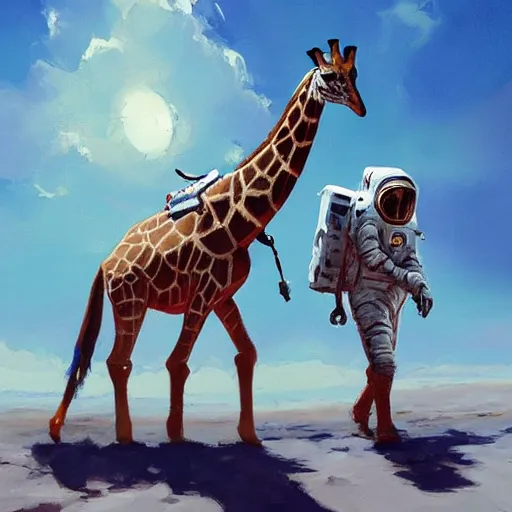 Image similar to a giraffe astronaut walking on the moon, trending on artstation, art by greg manchess, guangjian, detailed digital art, artstation hd