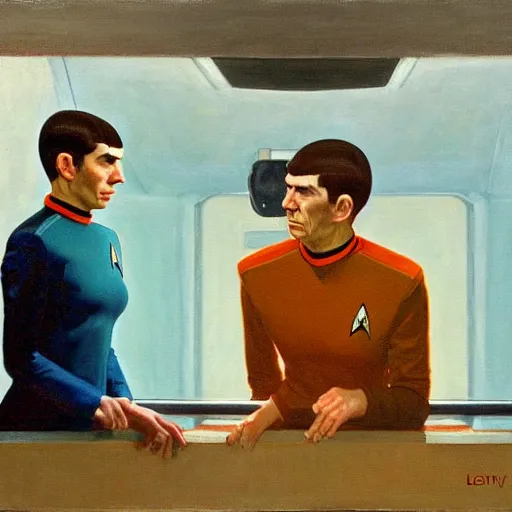 Prompt: spock ( leonard nimoy ), the vulcan officer from star trek on the bridge of the enterprise. oil painting in the style of edward hopper and ilya repin. detailed and realistic.