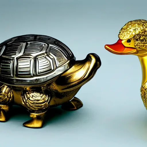 Image similar to a chrome - plated duck with a golden beak arguing with an angry turtle in a forest.