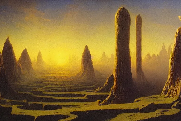 Image similar to cosmic convergence landscape in the style of dr. seuss, tower of babylon, painting by albert bierstadt