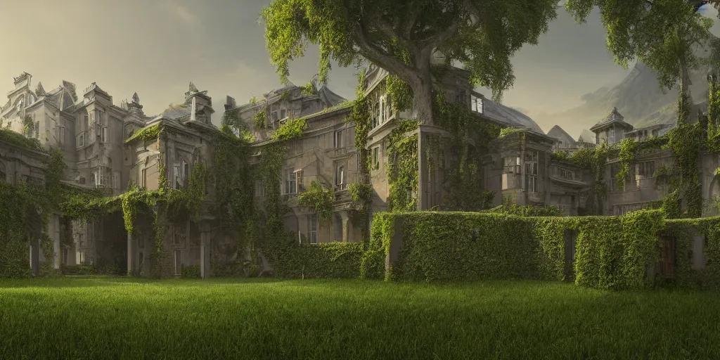 Prompt: a highly detailed matte painting of an l - shaped mansion with a grassy courtyard and high barrier walls, overgrown with vines, mountain setting, trending on artstation,