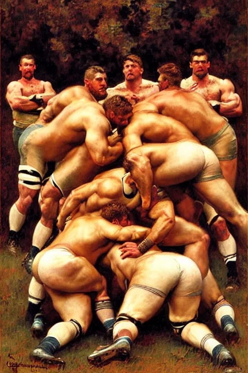 Prompt: muscular rugby players in a scrum painting by gaston bussiere, craig mullins, j. c. leyendecker, tom of finland