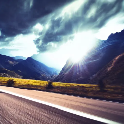 Image similar to black trans - am driving towards the camera, mountain, valley, breathtaking mountains, lake, dynamic, sunrise, cinematic, motionblur, sunbeams, volumetric lighting, wide shot, low angle, large lightning storm