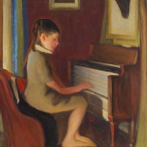 Image similar to a portrait of a girl leaning over tha back of a chair, behind her is a piano, by john french sloan