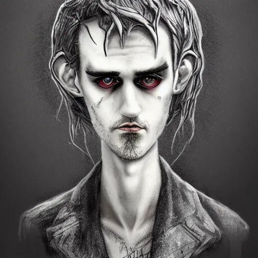 Image similar to michael karcz grunge drawing of lil peep. , in the style of corpse bride, loony toons style, horror themed, detailed, elegant, intricate, trending on artstation, 4k