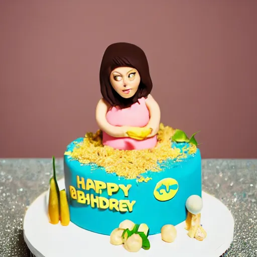 Prompt: aubrey plaza as a birthday cake : : highly detailled food photography,