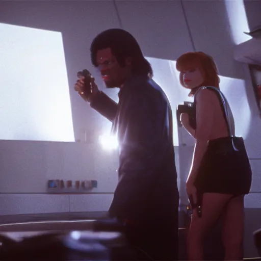 Image similar to pulp fiction frame in a sci - fi setting, movie still, photography, hyper detailed, dramatic ligthing, 8 k