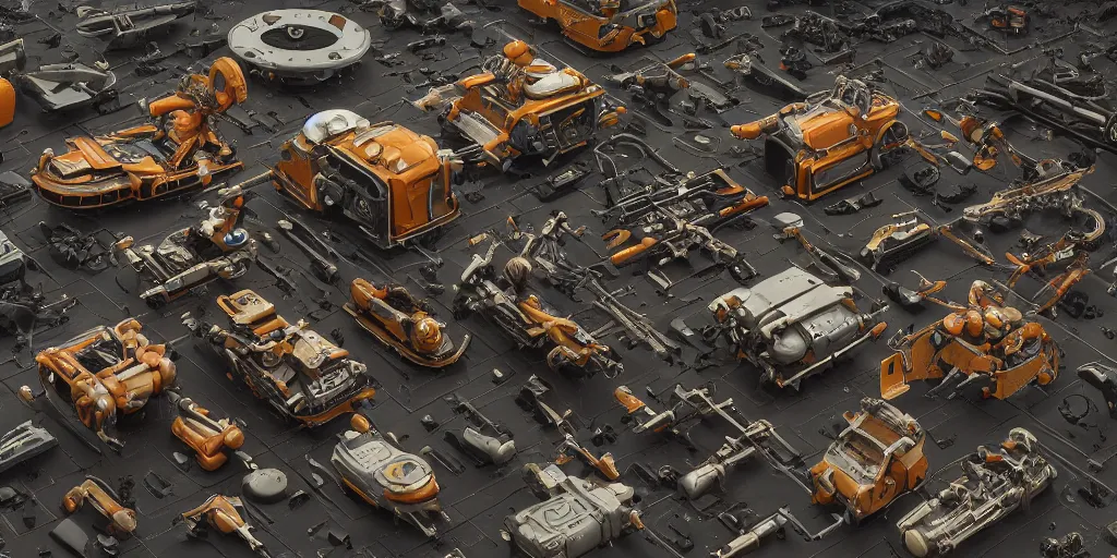 Image similar to collection of exploration of form and shapes, props, hard surface, panel, simon stalenhag, kitbash, items, gadget, big medium small, close up, vehicles, futuristic, parts, machinery, greebles, insanely detailed, case, hardware, golden ratio, wes anderson color scheme