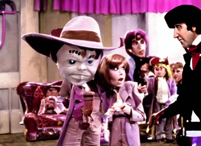 Image similar to film still of Nicolas Cage as Willy Wonka in Willy Wonka and the Chocolate Factory 1971