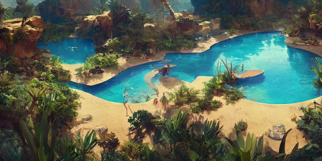 Prompt: a pool in a lush desert, greg rutkowski, zabrocki, karlkka, jayison devadas, trending on artstation, 8 k, ultra wide angle, zenith view, pincushion lens effect