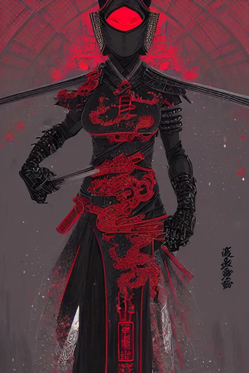 Image similar to portrait Ninja gaiden girl, armored black and red ninja wardrobe, in ruin japanese rainny temple night, ssci-fi and fantasy, intricate and very very beautiful and elegant, highly detailed, digital painting, artstation, concept art, smooth and sharp focus, illustration, art by tian zi and WLOP and alphonse mucha