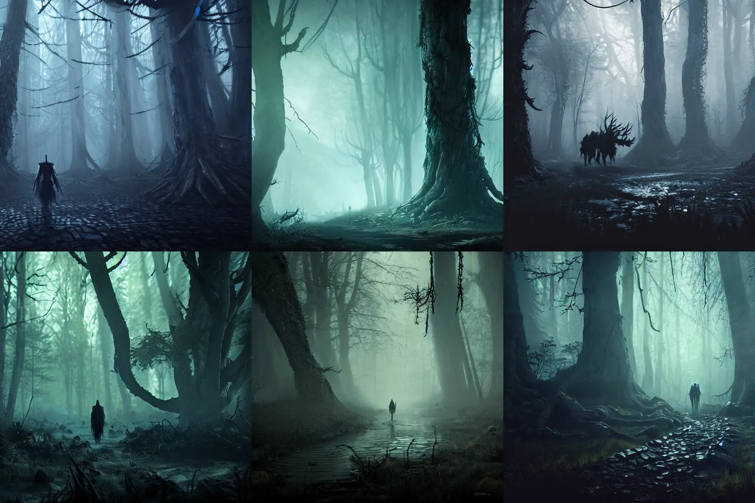 Prompt: dark monster in a creepy dark forest, witcher, haunted, eerie, Wadim Kashin, featured in artstation, octane render, cinematic, elegant, intricate, 8k