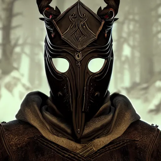 Prompt: a digital art close up portrait of hooded bard with porcelain mask in style of skyrim character, handsome warlock with magic character sheet, 4 k, ultra detail, volumetric lighting, unreal engine, octane render, grimdark