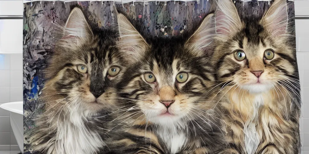 Prompt: shower curtain product catalog. on the curtain is a watercolor with ink under drawing of one maine coon kitten with a toy. wide - angle product photography, product lighting. 4 k, highly detailed. saturated.