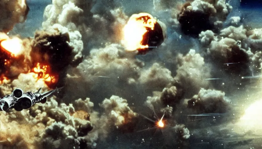 Image similar to big budget movie about a world war 2 atom bomb battle in space