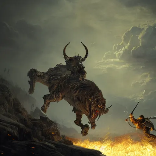 Image similar to an epic battle between the devil and god, volumetric lighting, 8 k octane beautifully detailed render, post - processing, extremely hyper - detailed, intricate, epic composition, cinematic lighting, masterpiece, trending on artstation, detailed detailed detailed, masterpiece, stunning art by anders zorn, wonderful masterpiece by greg rutkowski, beautiful cinematic light,