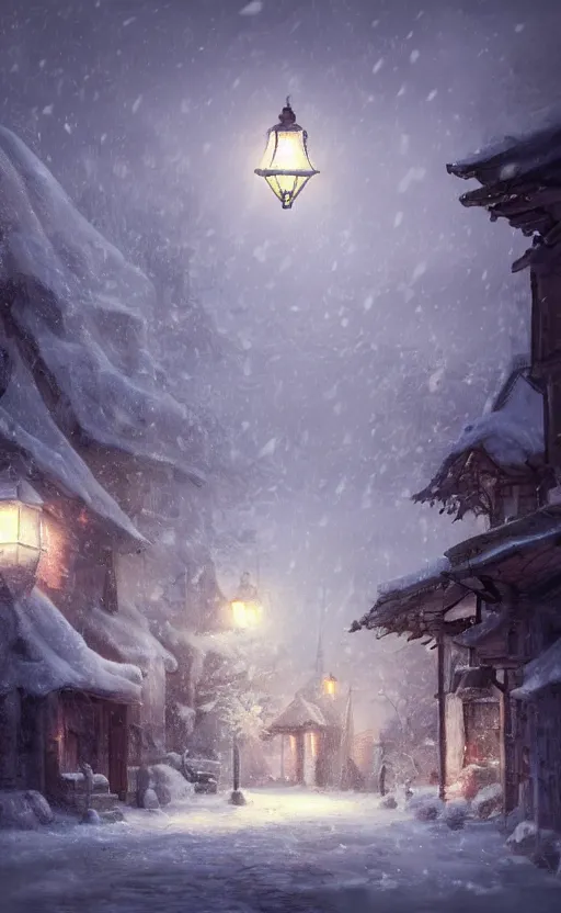 Image similar to a blurry ambient lantern in the distance of a snowy village at night, dynamic lighting, ambient lighting, atmospherical, photorealistic fantasy concept art, trending on art station, stunning visuals, creative, cinematic, ultra detailed