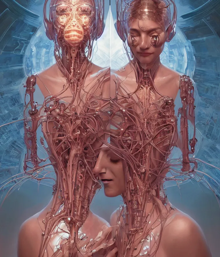 Image similar to fully symmetrical centered portrait of a beautiful princess in robe. artificial muscles, ribcage, bones, hard surface modelling. cyberpunk look. biomechanical mask. bio luminescent biomechanical halo around head. jellyfish. artwork by jarold Sng by artgerm, by Eddie Mendoza, by Peter mohrbacher by tooth wu by alfons mucha, unreal engine, octane render, cinematic light, iridescent details, iridescent colors, dichroic, macro, depth of field, blur