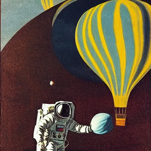 Prompt: astronaut arriving a different planet on a hot air ballon, by francis bacon