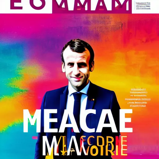 Prompt: colorful Cover of Emmanuel Macron magazine, white borders, 50mm photography, high quality, 4K