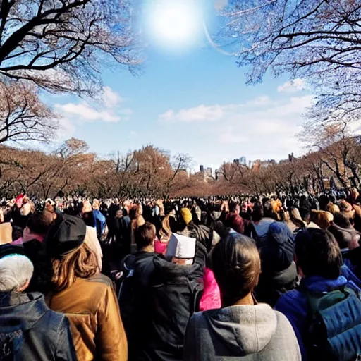 Image similar to a crowd of people watching and waving to a departing ufo in Central Park