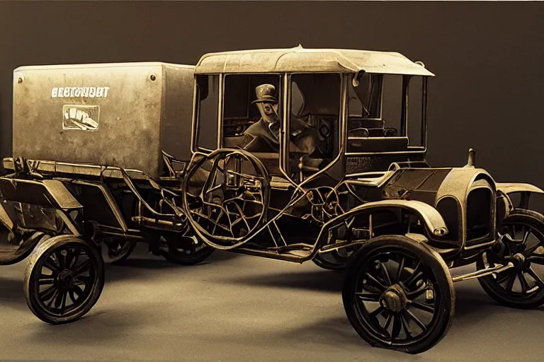 Image similar to cyberpunk 1 9 0 8 model ford t, volumetric lighting, in a museum, museum exhibit, museum lighting, 9 0 s film photo